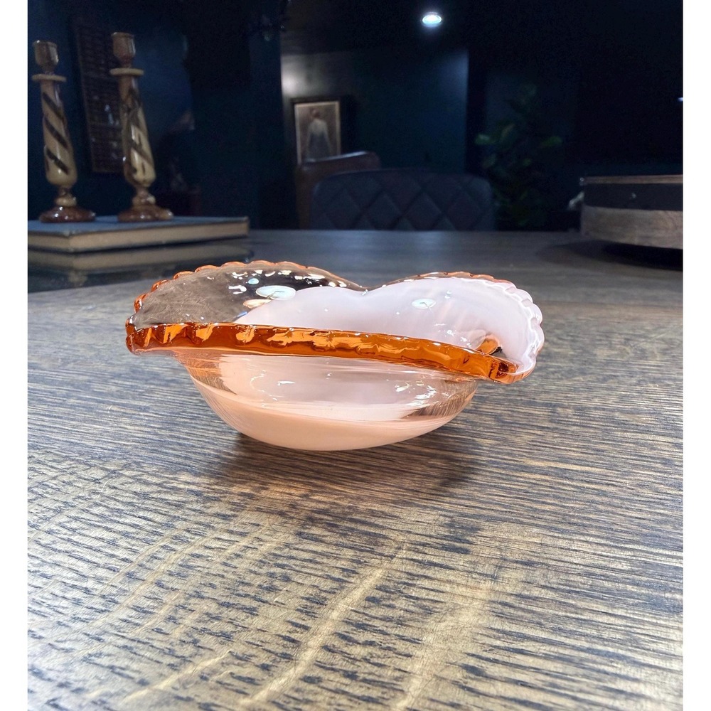 Vintage Pink Glass Ring Dish •‎ Mid-Century Swirl Art Glass Vanity Bowl